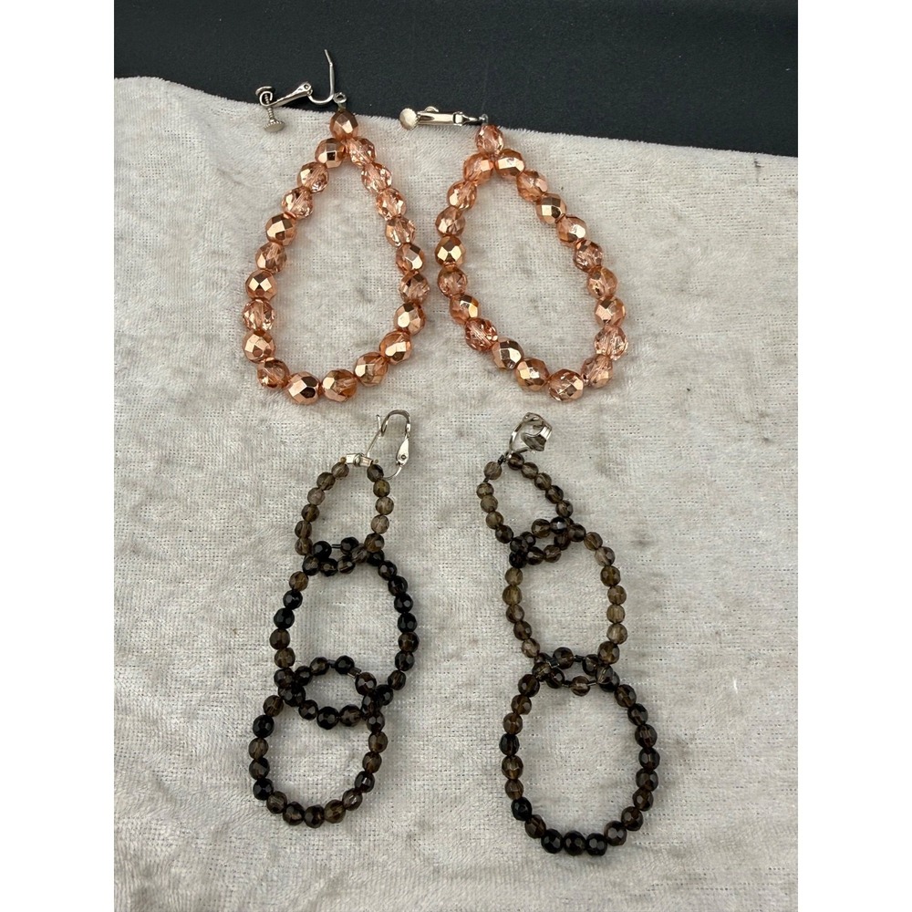 Vintage Estate Earrings Peach Brown Beaded Dangle Clip On  2 Pair Set